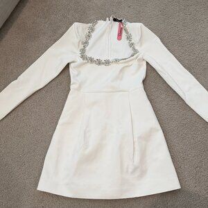 Rhinestone Square Neck Long Sleeve Pleated Jersey Party Mini Dress - White